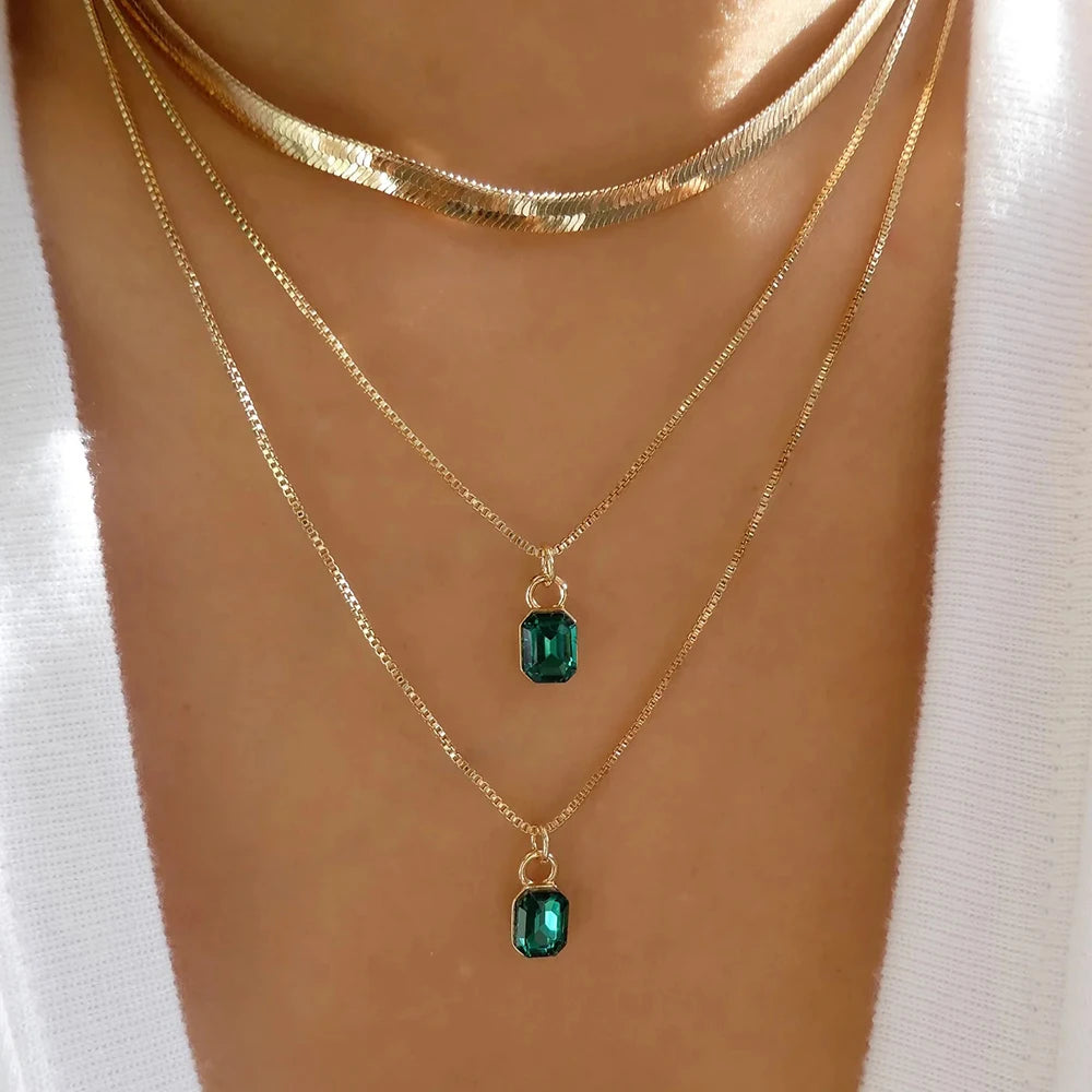 Vintage Multi-Layer Stainless Steel Necklace with Green Crystal Pendant