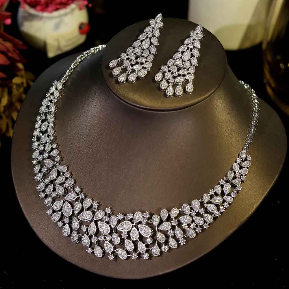 Luxury Crystal Zirconia Silver Necklace Wedding Jewelry Set for Women