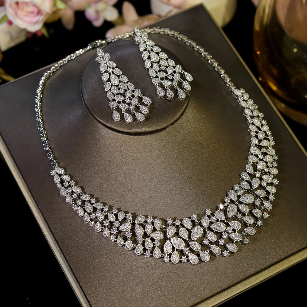 Luxury Crystal Zirconia Silver Necklace Wedding Jewelry Set for Women