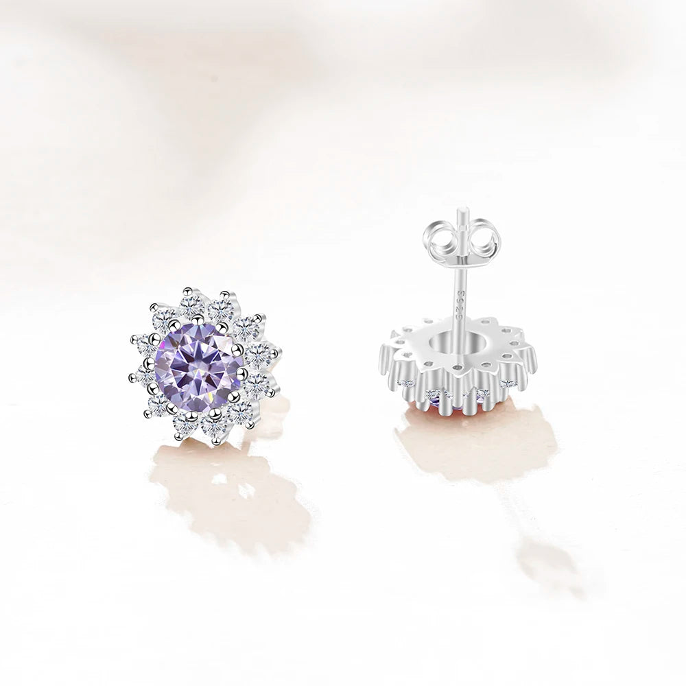 D Color Moissanite Sunflower Stud Earrings for Women in Sterling Silver