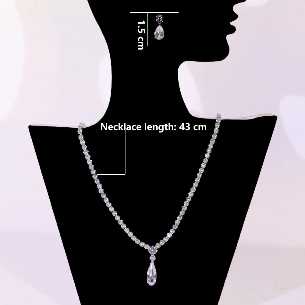 Classic Cubic Zirconia Water Drop Pendant Necklace Bridal Jewelry Set