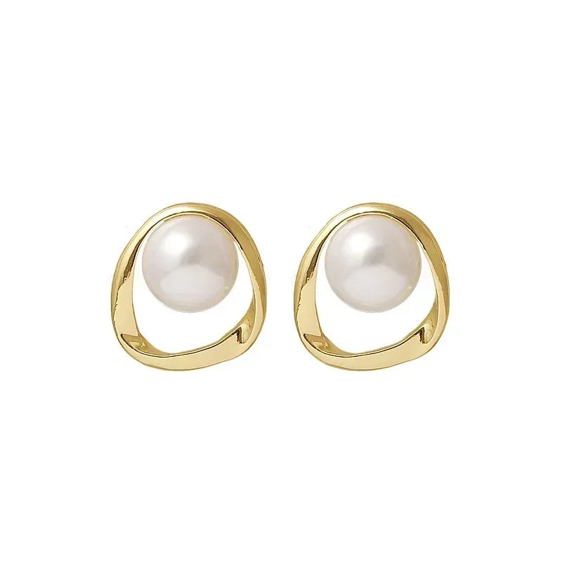 Gold Imitation Pearl Stud Earrings – Korean Irregular Design