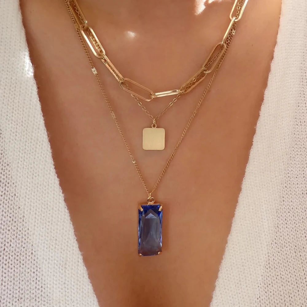 Vintage Multi-Layer Stainless Steel Necklace with Green Crystal Pendant