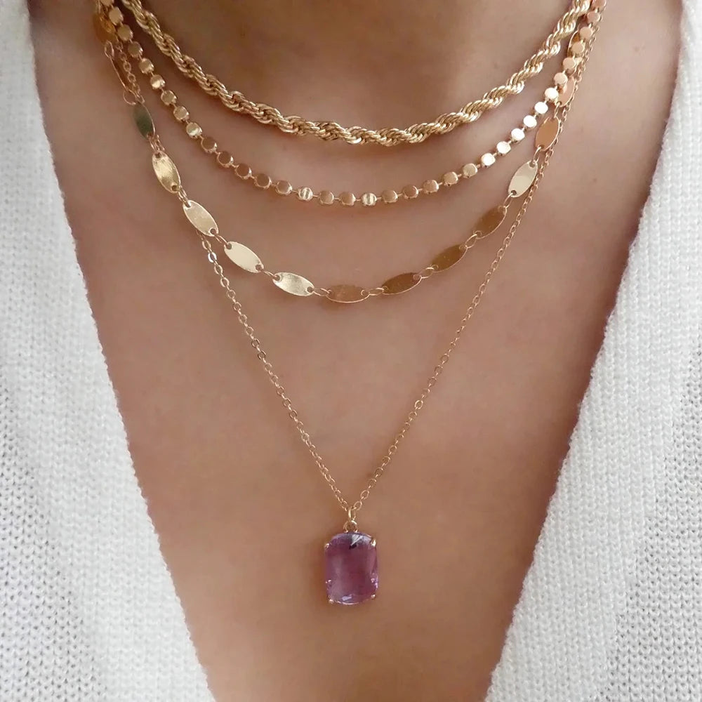 Vintage Multi-Layer Stainless Steel Necklace with Green Crystal Pendant
