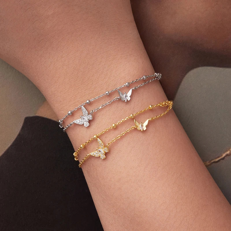 Double-Layer Butterfly Sterling Silver Bracelet – Adjustable CZ Gold Chain