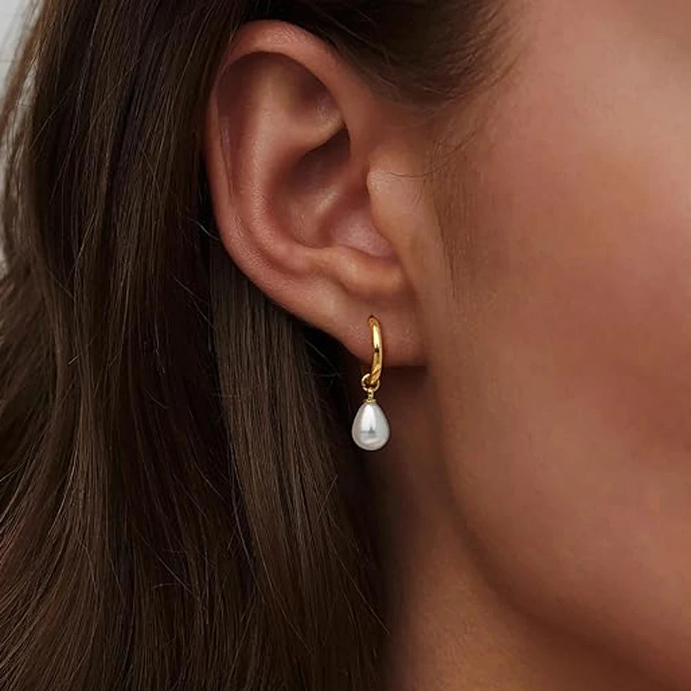 Gold Plated Pearl Dangle Huggie Hoop Earrings for Women