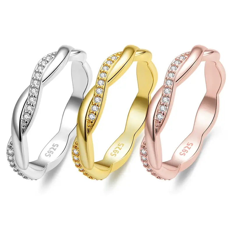 Sterling Silver Twisted Rope CZ Eternity Band – Gold Plated