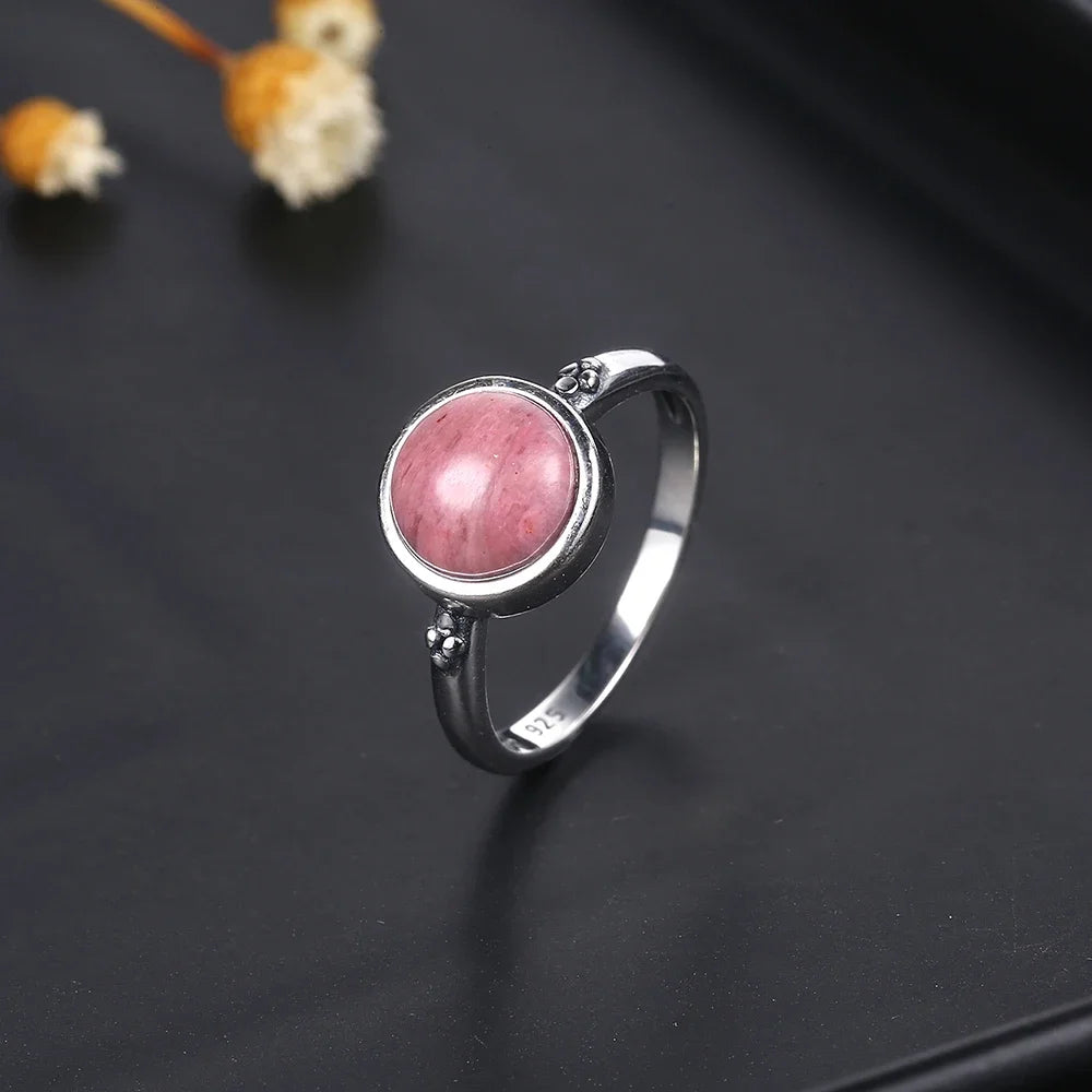 Vintage Round Natural Labradorite Silver Ring for Women