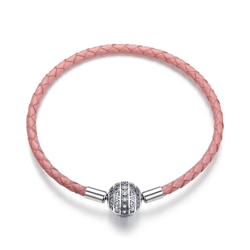 Sterling Silver Round Clasp Leather Bracelet with Clear CZ for Women