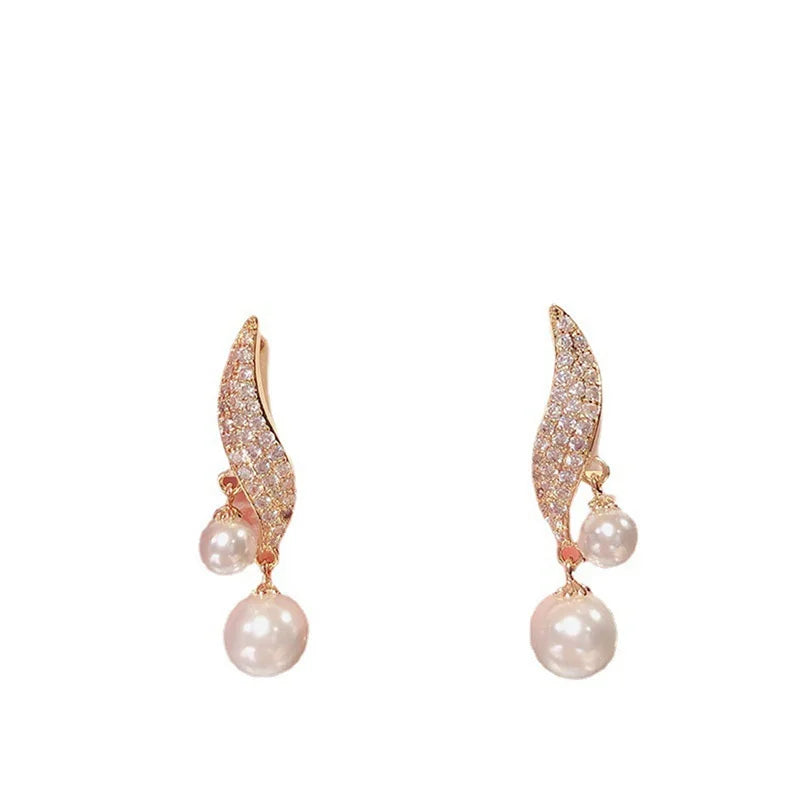 Classic Elegant Double Pearl Crystal Tassel Drop Earrings
