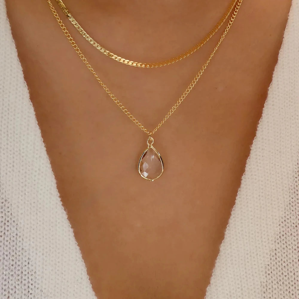 Vintage Multi-Layer Stainless Steel Necklace with Green Crystal Pendant