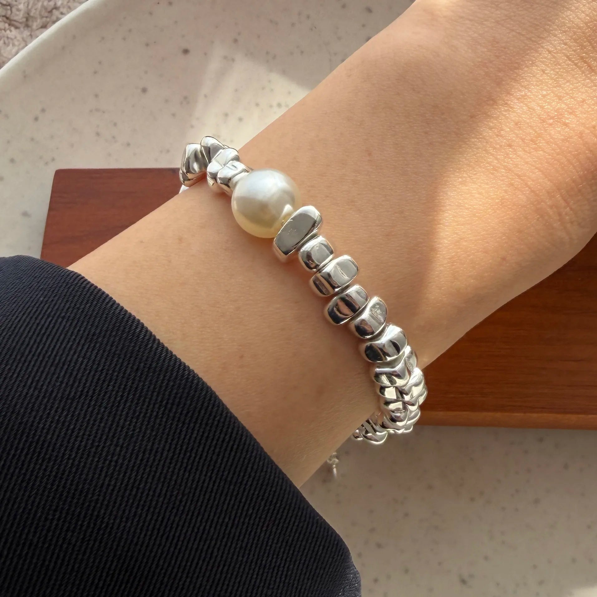 Retro Sterling Silver Geometric Pearl Bracelet