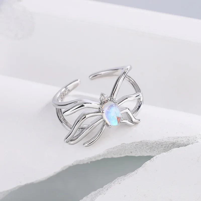 Mermaid Whale Tail Moonstone Stackable Ring – Blue Green Silver