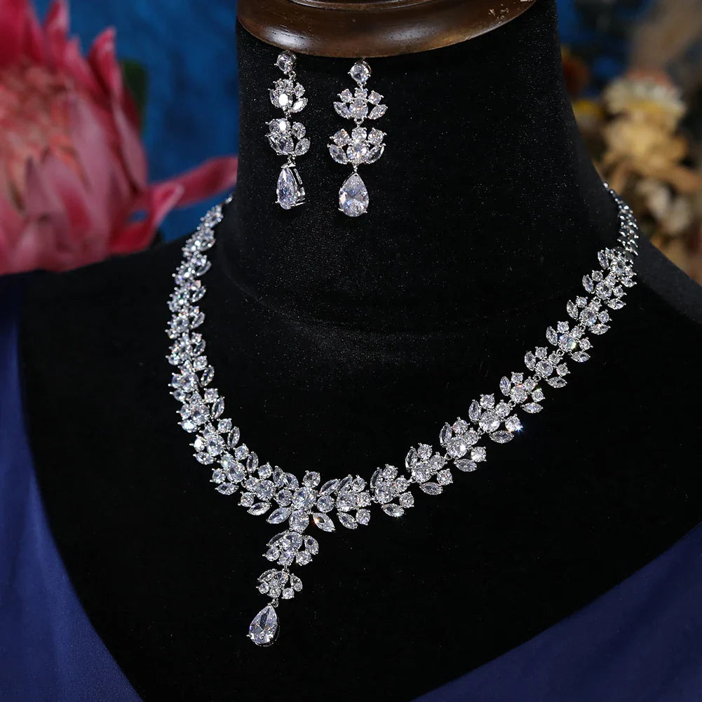 Luxury Sparkling Zircon Flower Necklace and Earring Set for Brides