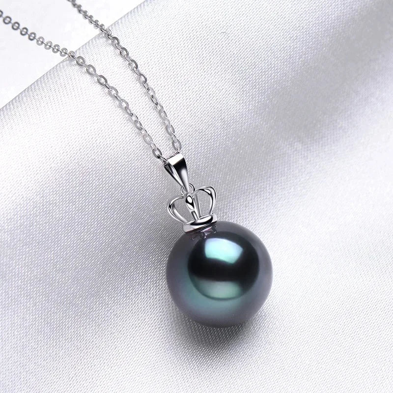 Elegant Black Tahitian Sea Water Pearl Pendant in 925 Sterling Silver