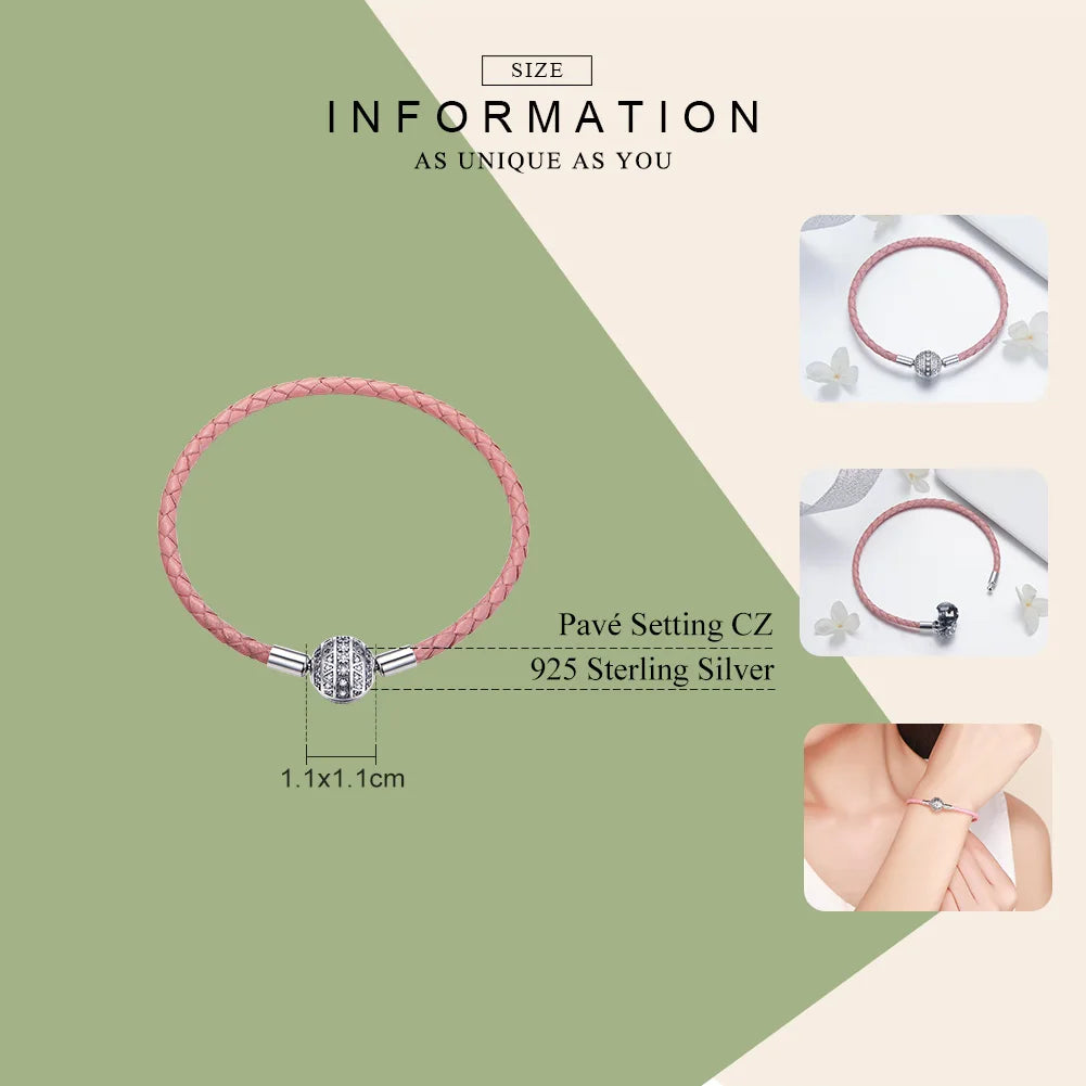 Sterling Silver Round Clasp Leather Bracelet with Clear CZ for Women