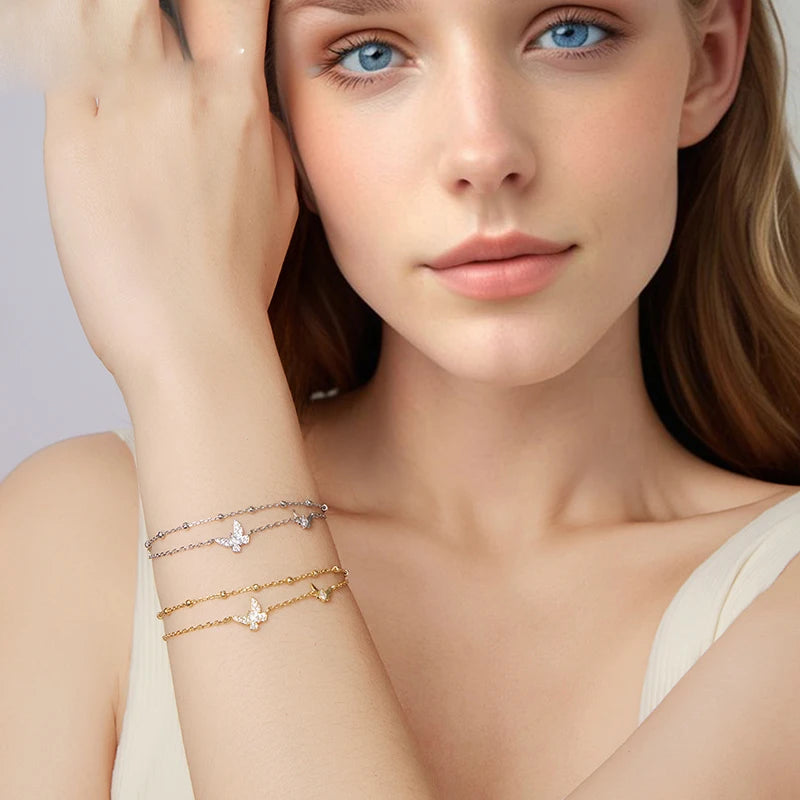 Double-Layer Butterfly Sterling Silver Bracelet – Adjustable CZ Gold Chain