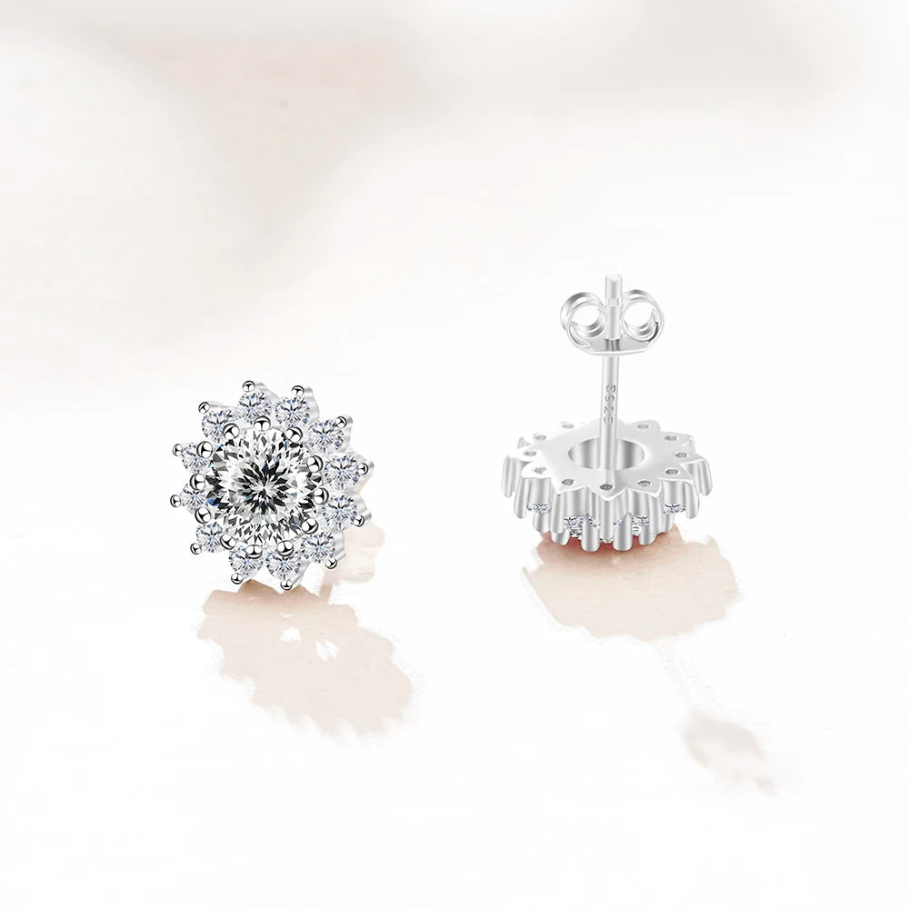 D Color Moissanite Sunflower Stud Earrings for Women in Sterling Silver
