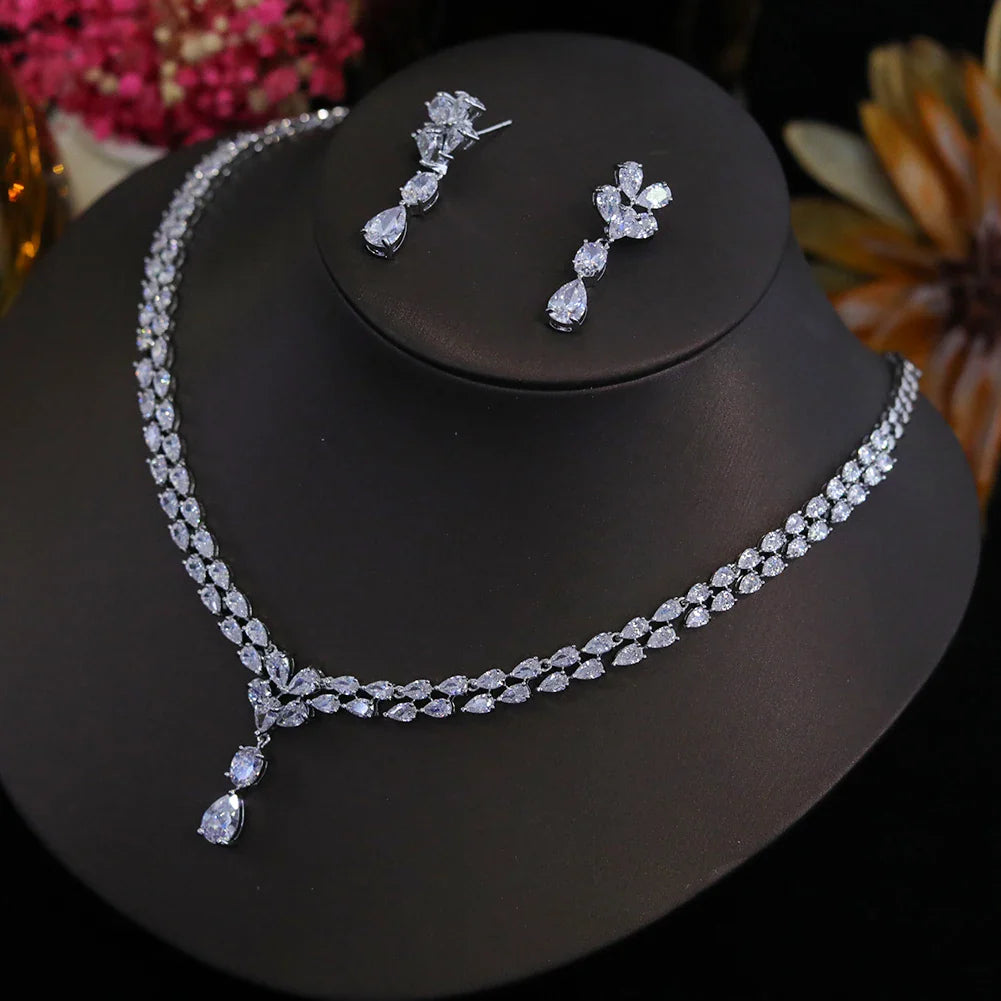 Luxury Cubic Zirconia Water Drop Necklace and Earrings Set for Women