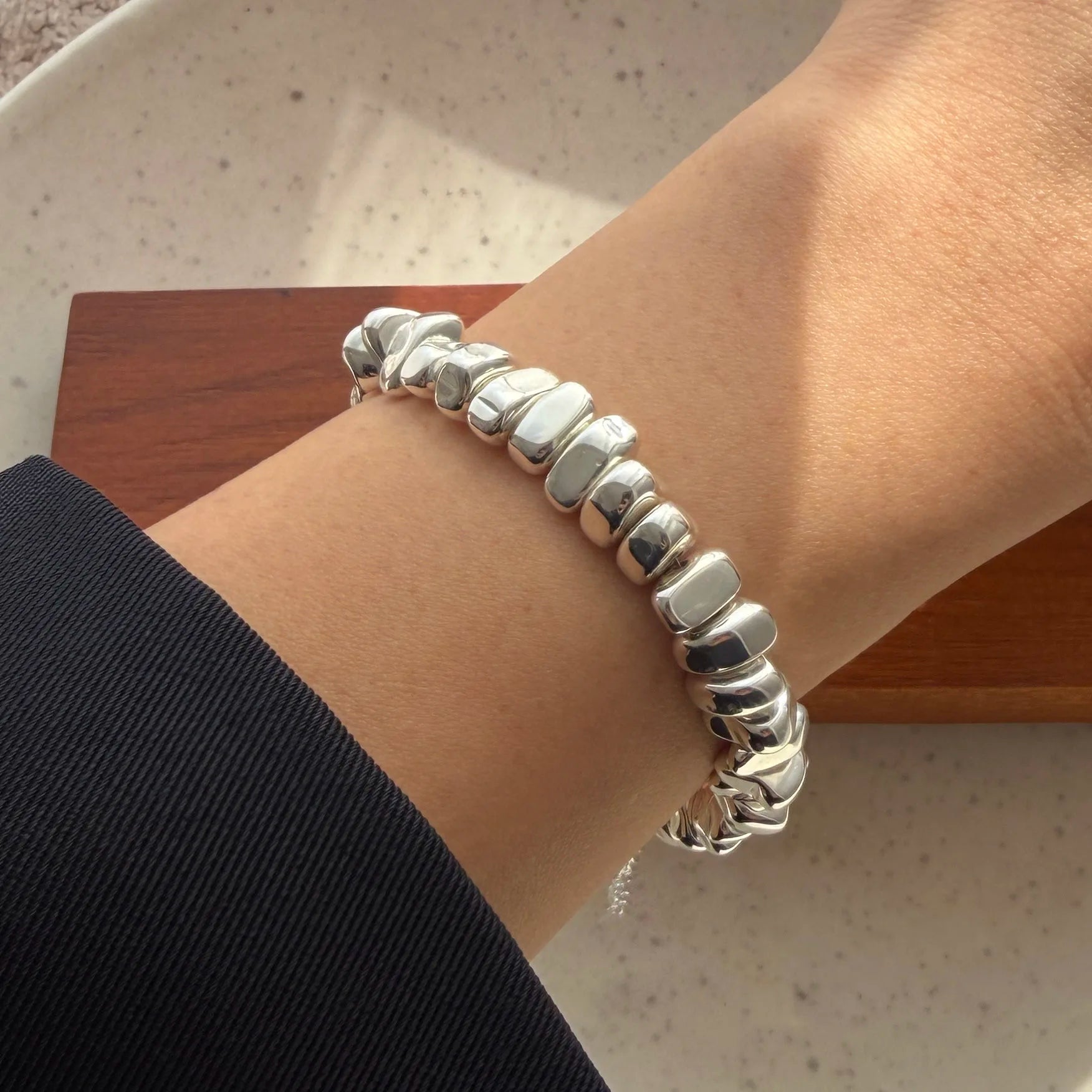 Retro Sterling Silver Geometric Pearl Bracelet
