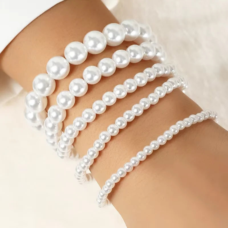 Elegant Layered White Pearl Stackable Bracelet Set