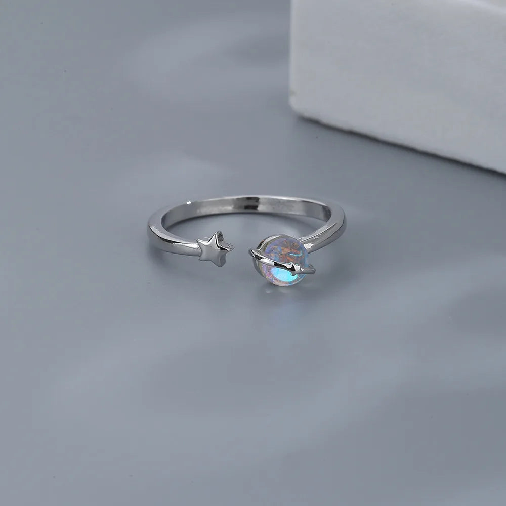 Mermaid Whale Tail Moonstone Stackable Ring – Blue Green Silver