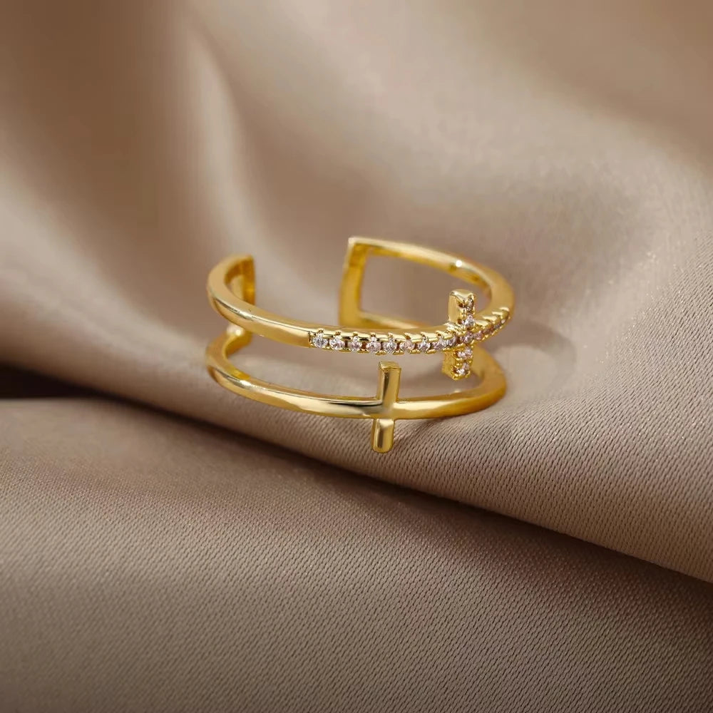 Gold CZ Geometric Eternity Ring – Silver Twisted Rope Stainless Steel