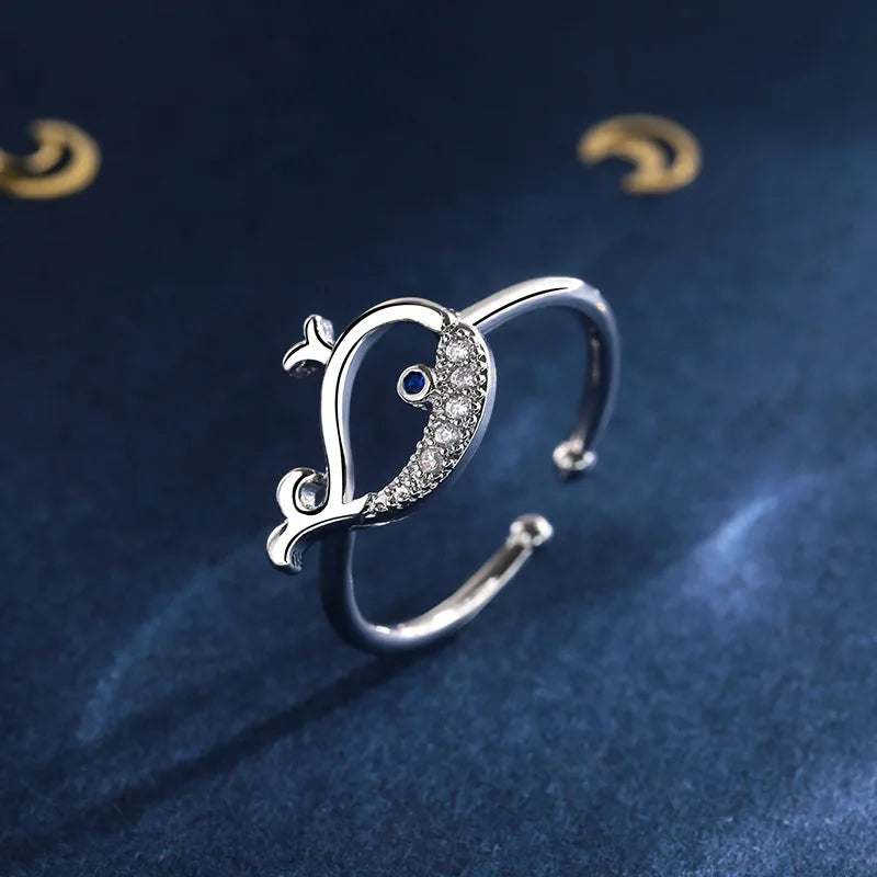 Mermaid Whale Tail Moonstone Stackable Ring – Blue Green Silver