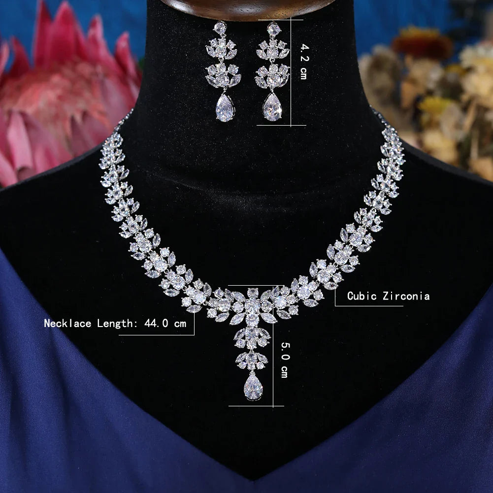 Luxury Sparkling Zircon Flower Necklace and Earring Set for Brides