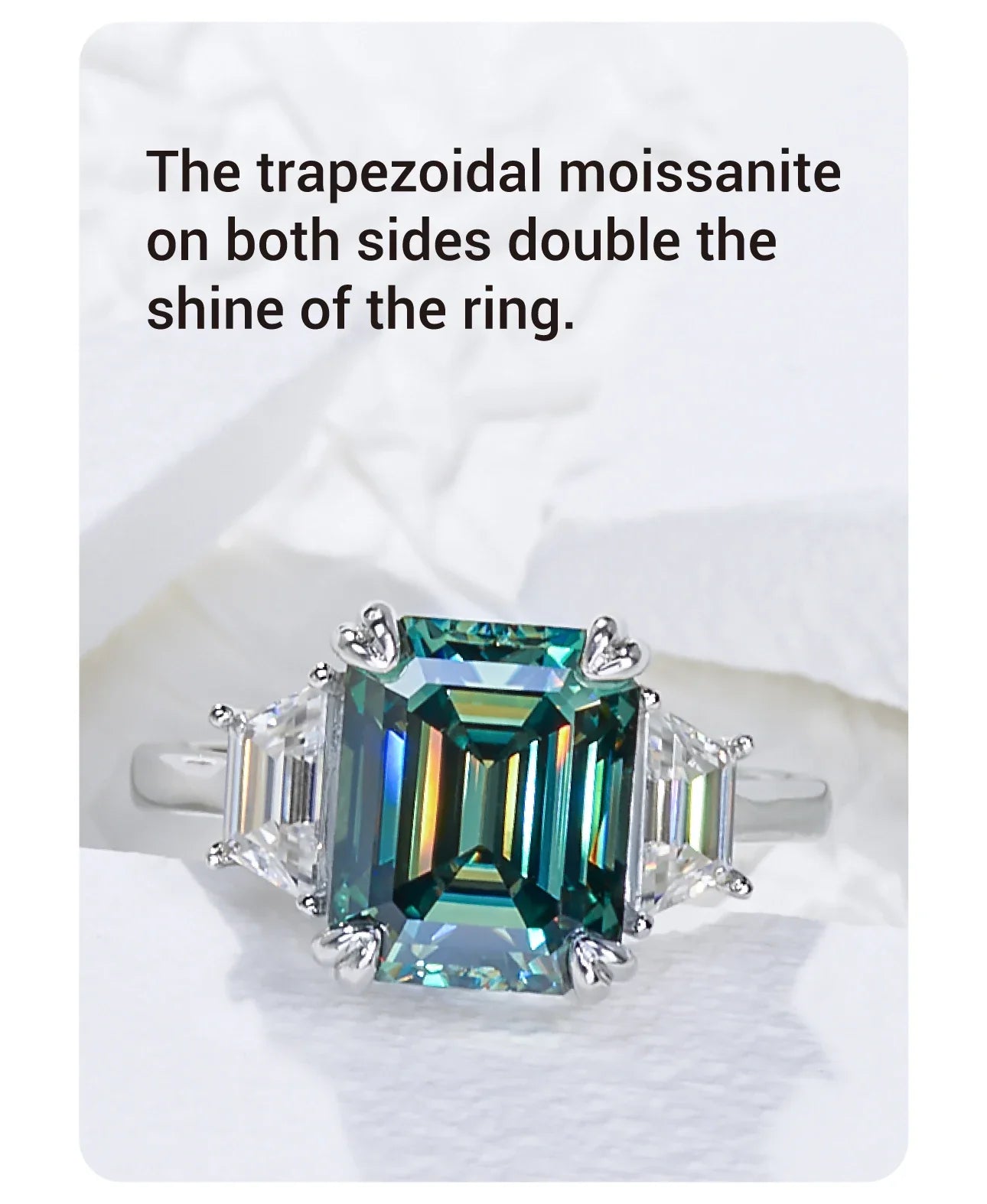 Luxury Emerald Cut Cyan Moissanite Engagement Ring in Sterling Silver