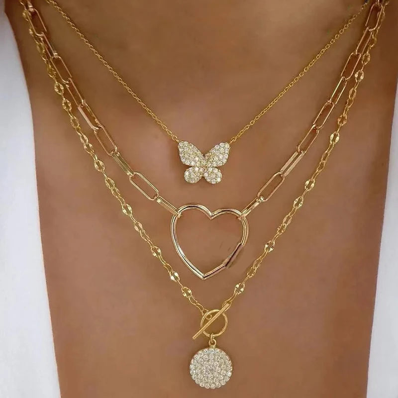 Multilayer Crystal Butterfly Heart Pendant Necklace for Women