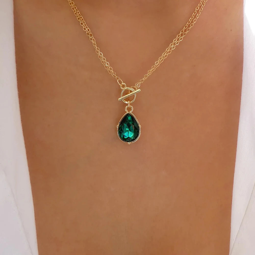 Vintage Multi-Layer Stainless Steel Necklace with Green Crystal Pendant