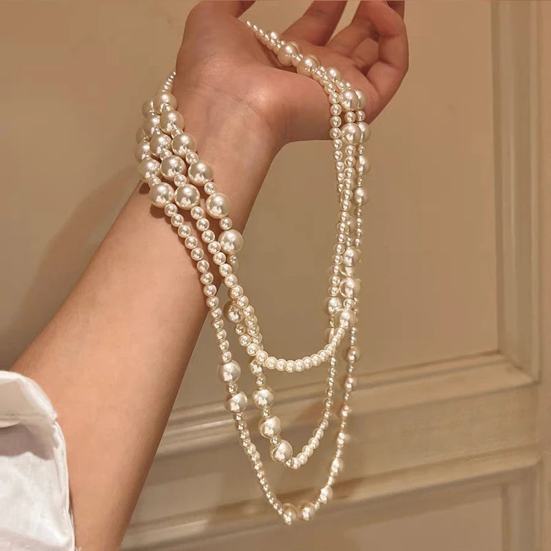 Vintage Multi-Layer Pearl Necklace – Elegant Sweater Chain