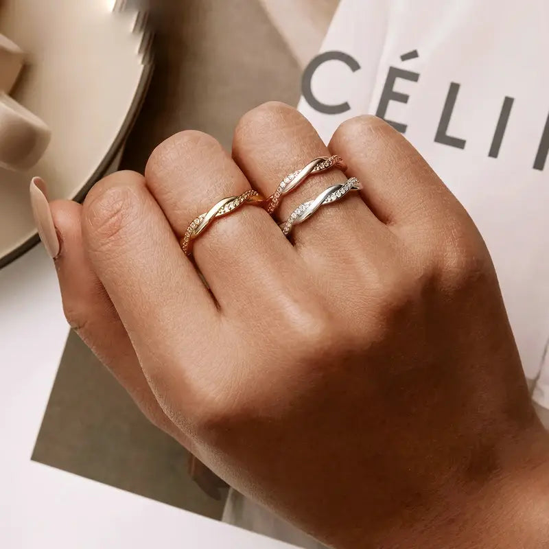 Sterling Silver Twisted Rope CZ Eternity Band – Gold Plated