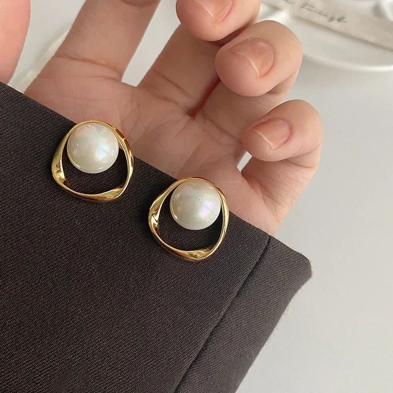 Gold Imitation Pearl Stud Earrings – Korean Irregular Design