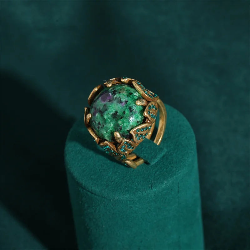 Vintage Green Peacock Rhinestone Ring – Gold Bohemian Style