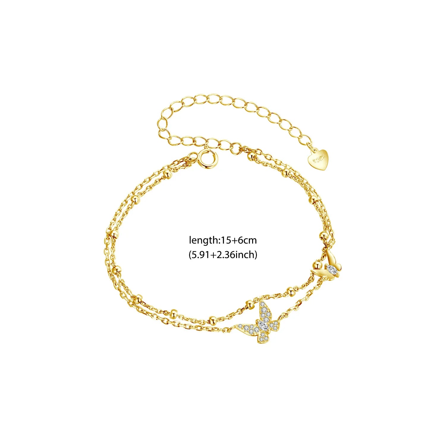 Double-Layer Butterfly Sterling Silver Bracelet – Adjustable CZ Gold Chain