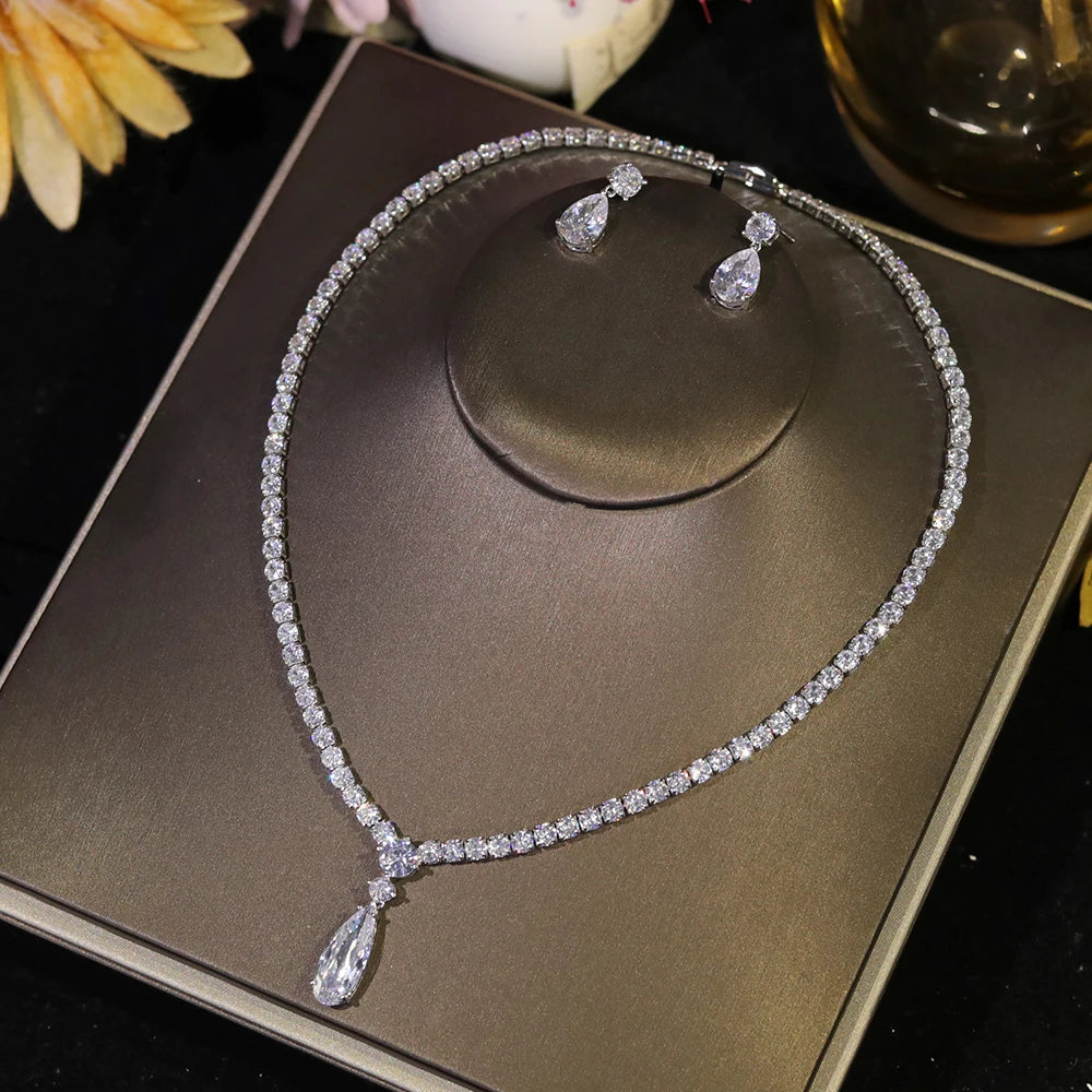 Classic Cubic Zirconia Water Drop Pendant Necklace Bridal Jewelry Set