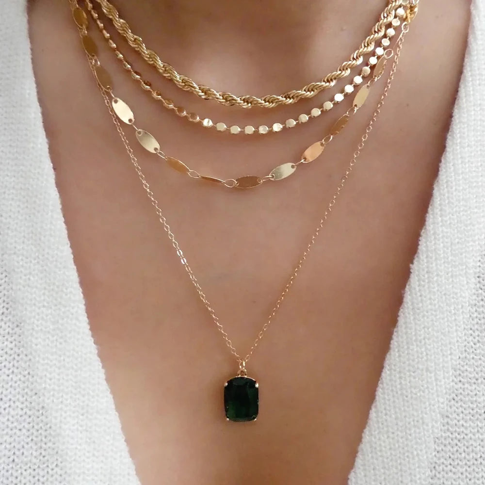 Vintage Multi-Layer Stainless Steel Necklace with Green Crystal Pendant
