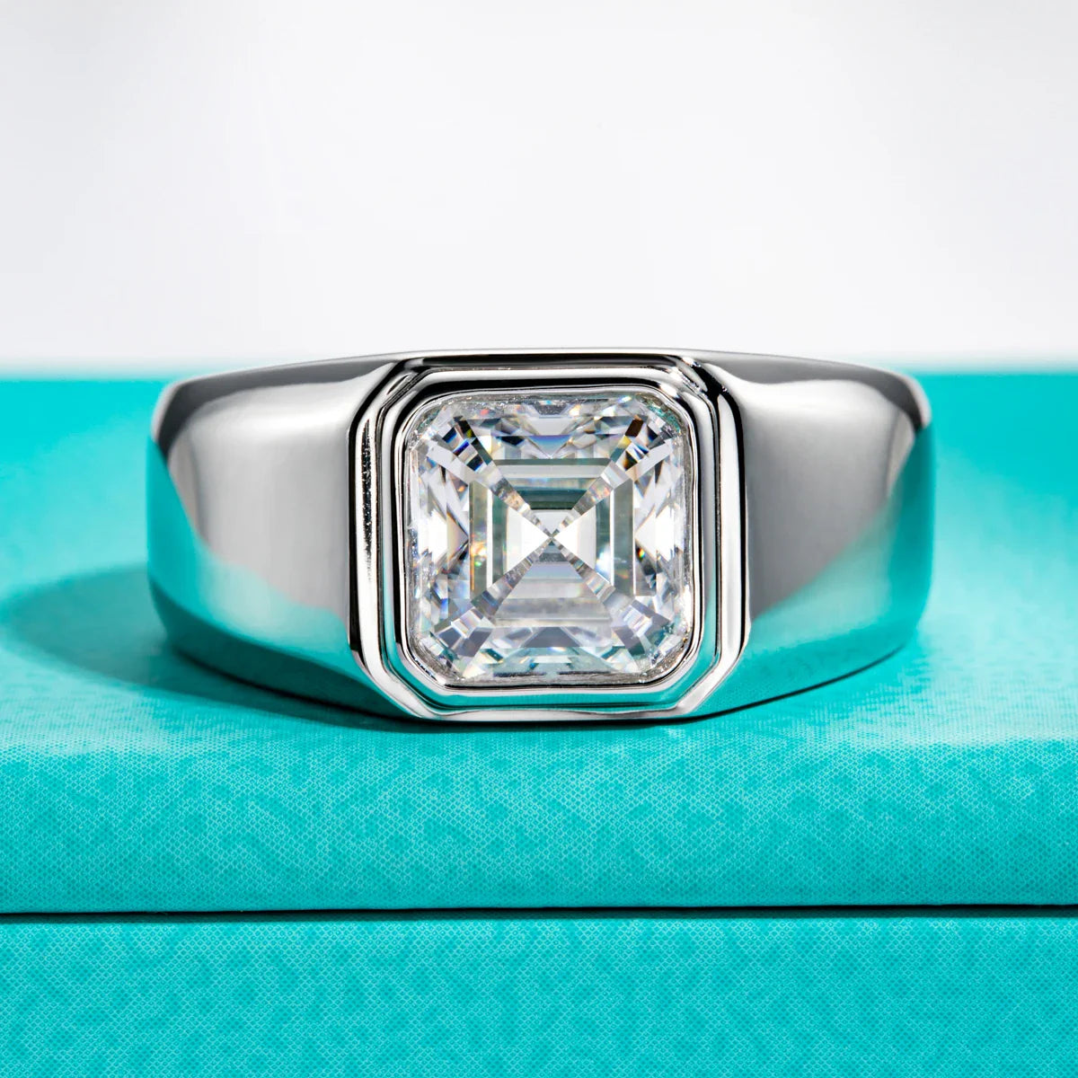Luxury Asscher Cut Moissanite Engagement Ring in Gold Plated Sterling Silver