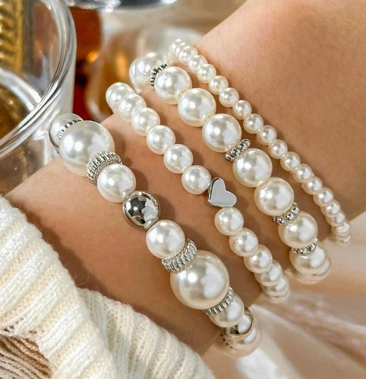 Korean Heart Charm Pearl Beaded Bracelet Set for Women