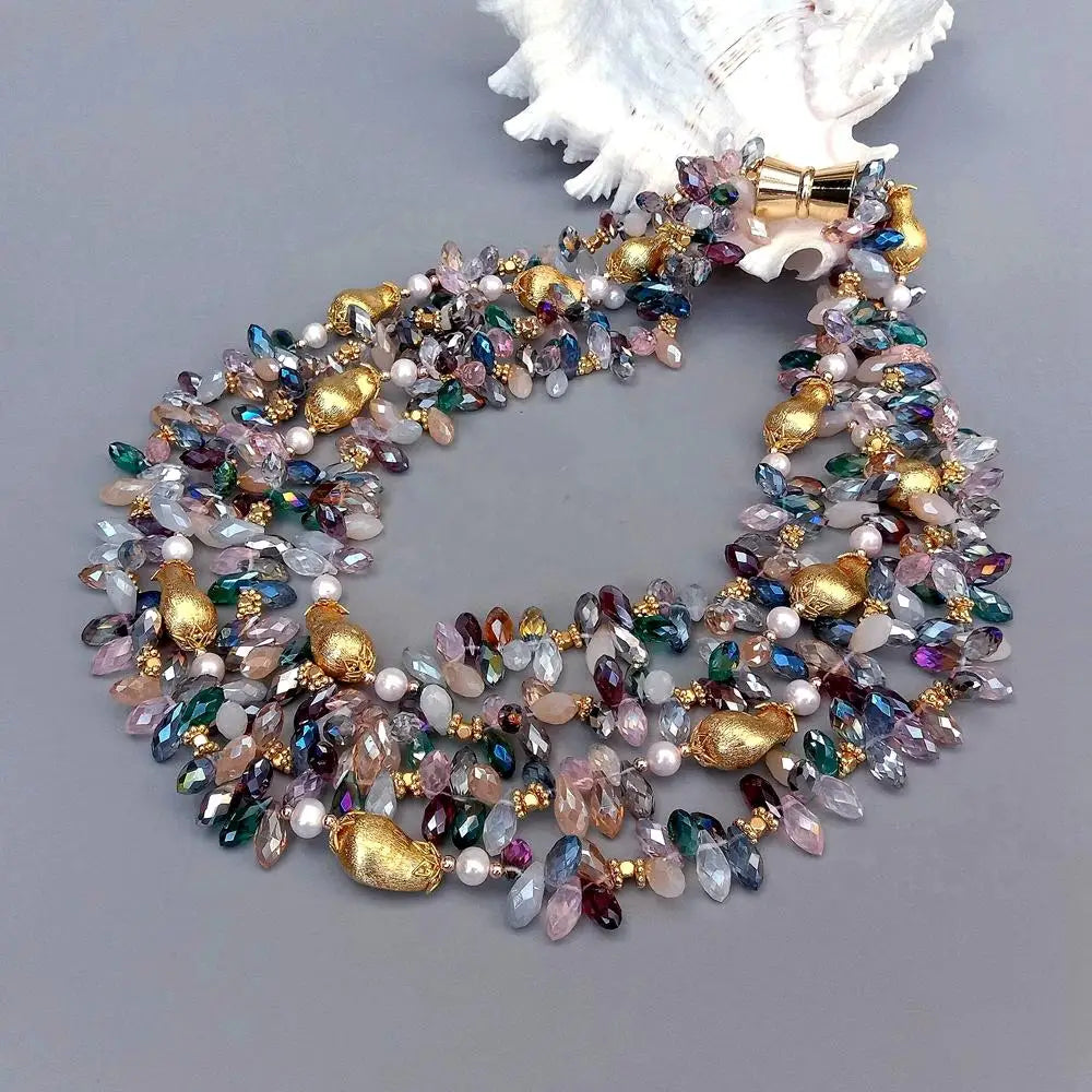 Elegant Multi-Color Crystal & White Pearl Statement Necklace Jewelry