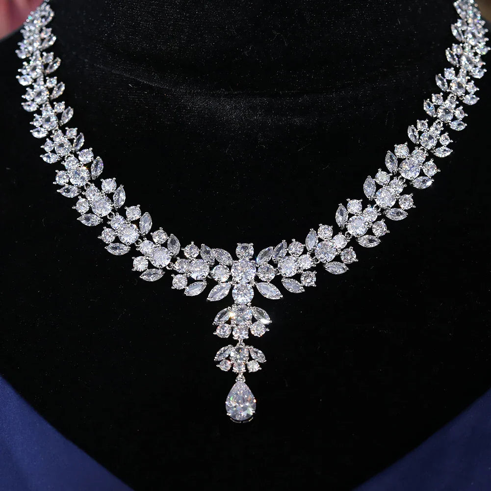 Luxury Sparkling Zircon Flower Necklace and Earring Set for Brides