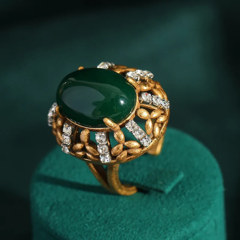 Vintage Gold Emerald Green Oval Stone Ring for Women