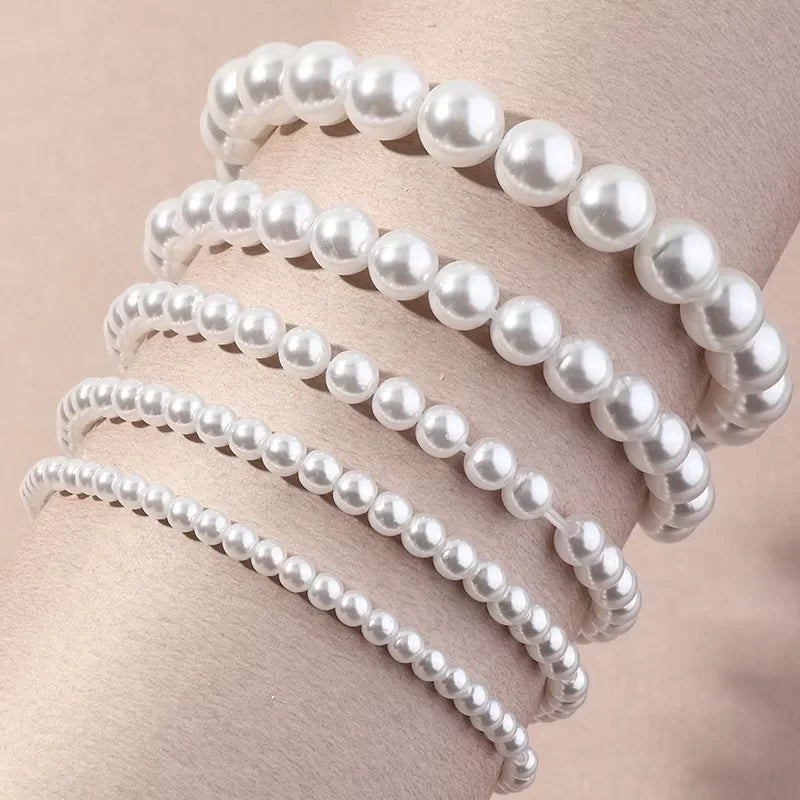 Elegant Layered White Pearl Stackable Bracelet Set