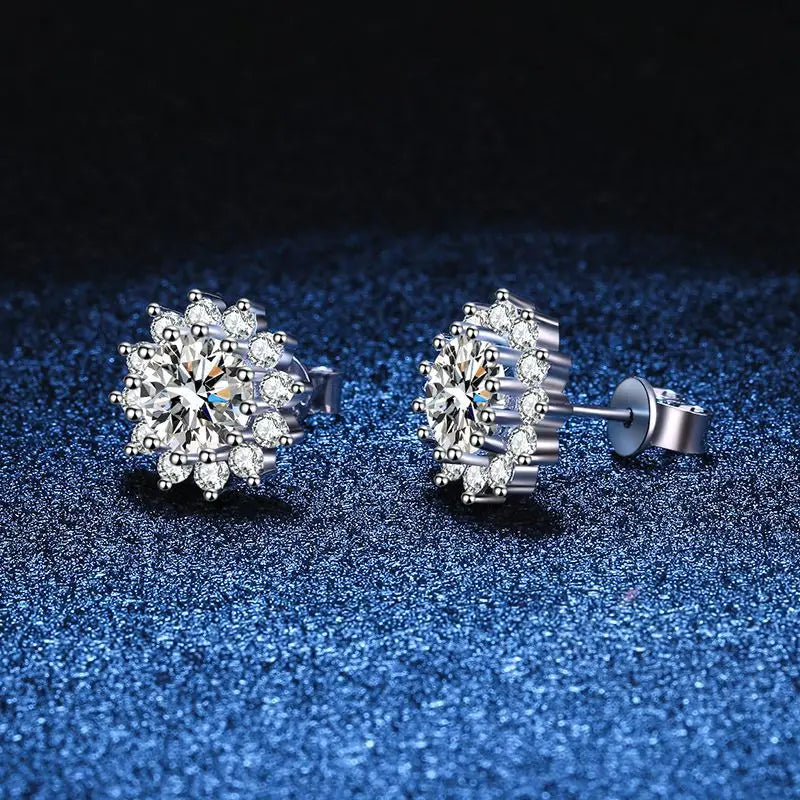 D Color Moissanite Sunflower Stud Earrings for Women in Sterling Silver