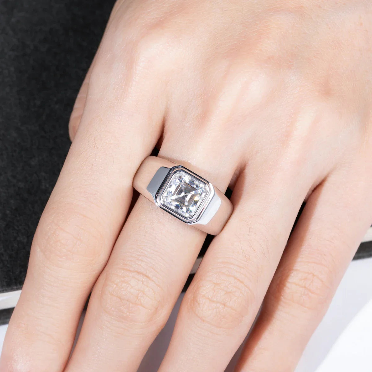 Luxury Asscher Cut Moissanite Engagement Ring in Gold Plated Sterling Silver