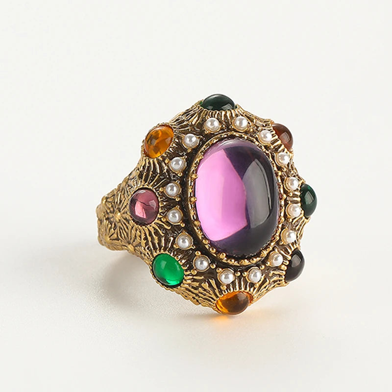 Gold-Plated Baroque Crystal and Pearl Oval Ring for Women