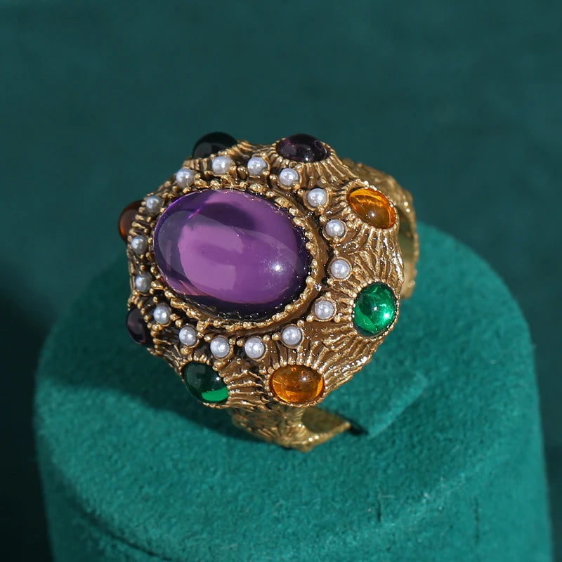 Gold-Plated Baroque Crystal and Pearl Oval Ring for Women