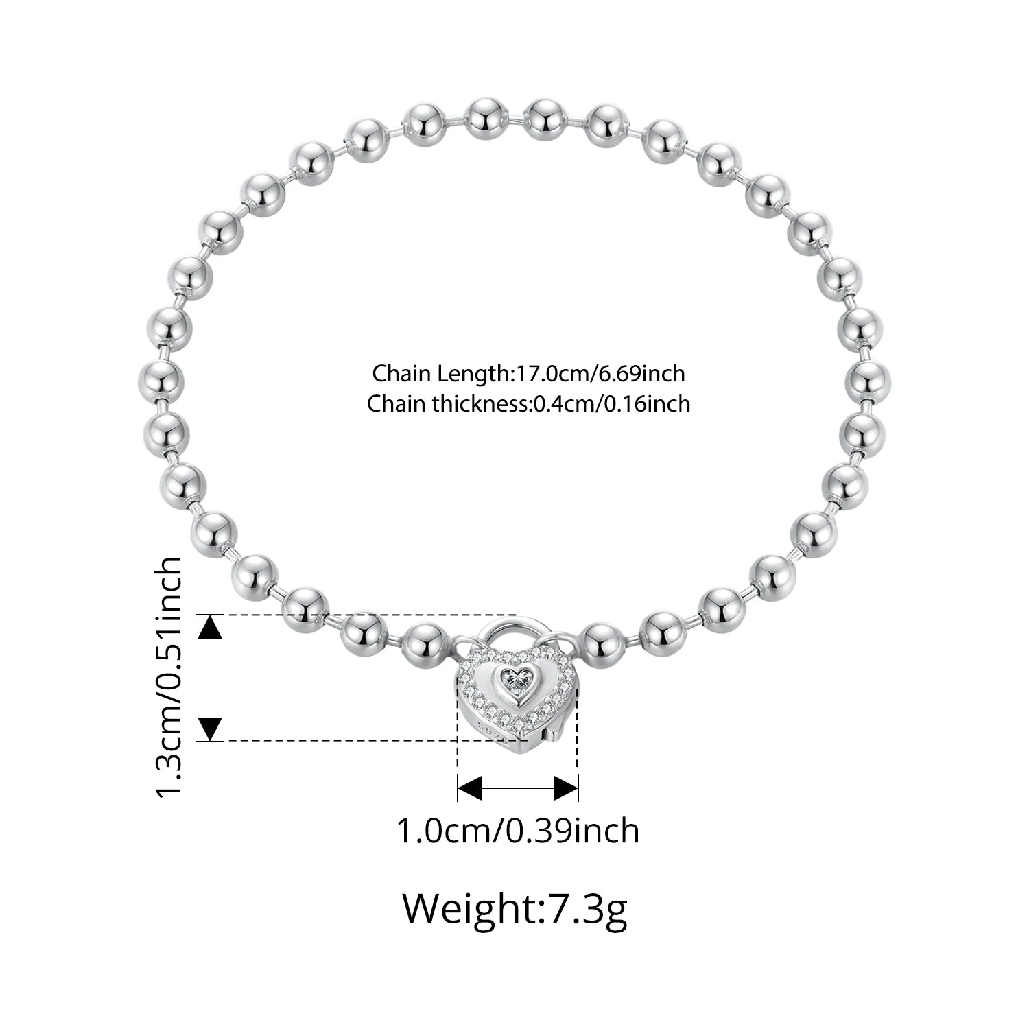 Sterling Silver Heart Charm Bead Link Bracelet for Women